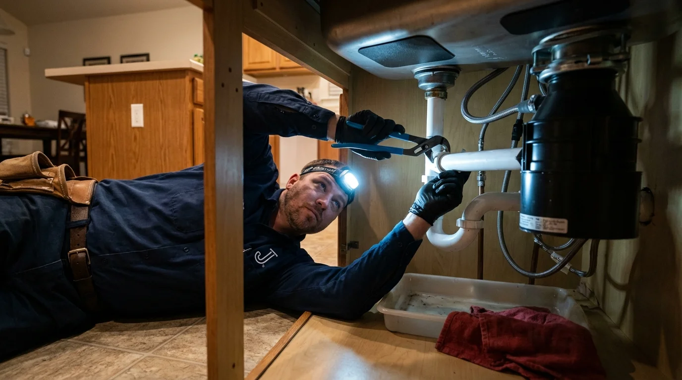 P-trap and supply line connections under a kitchen sink showing a common leak point in Richwood, OH